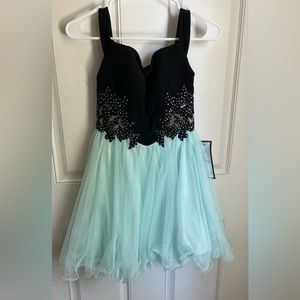 Black and teal dress with rhinestone and mesh